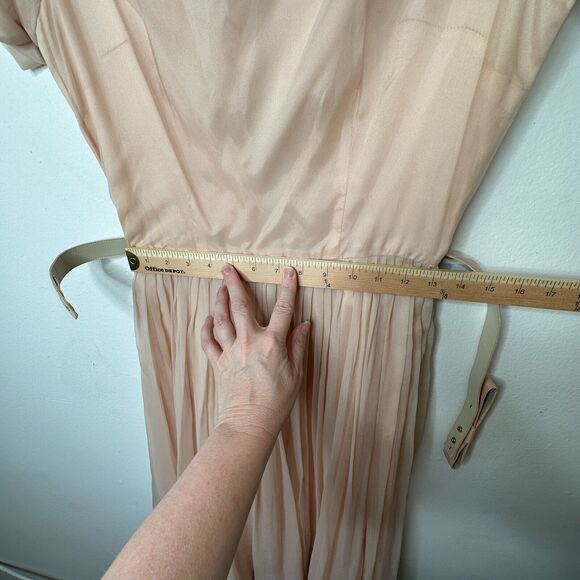 Vintage Size 15 Peach Chiffon Pleated Belted Sleeveless Dress Drape Neck BackZip - Picture 15 of 16